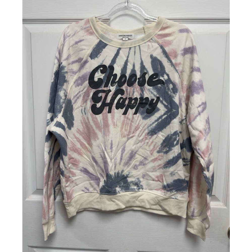 Grayson Threads Cream Tie Dye Long Sleeve Graphic Shirt Size M Choose Happy